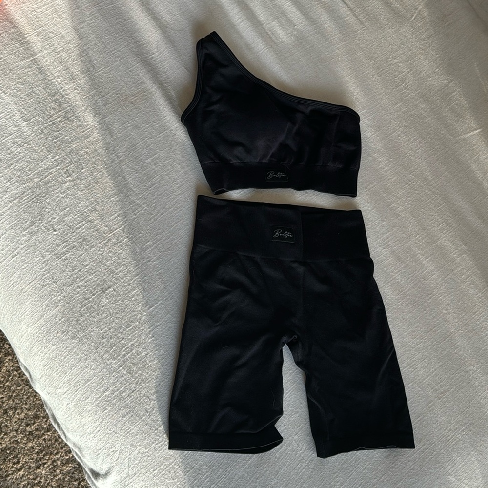 Oh Polly Black One-Shoulder Sports Bra and Shorts Set